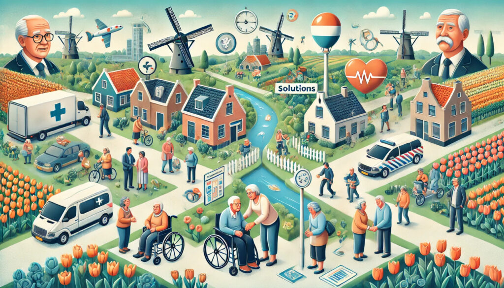 "Een afbeelding van de vergrijzing in Nederland met aan de linkerkant ouderen die te maken hebben met uitdagingen zoals gezondheidszorg, eenzaamheid en mobiliteitsproblemen. Aan de rechterkant worden oplossingen getoond, waaronder innovatieve gezondheidszorgtechnologieën, gemeenschapsactiviteiten en verbeterd openbaar vervoer. Op de achtergrond zijn Nederlandse herkenningspunten zoals windmolens en tulpenvelden te zien."