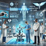 Een futuristische gezondheidszorgomgeving met geavanceerde technologieën. Artsen gebruiken virtual reality-headsets om operaties uit te voeren, patiënten raadplegen artsen via hologrammen, en AI-gestuurde robotassistenten helpen bij de zorg voor patiënten. De omgeving is modern en futuristisch met digitale gezondheidsmonitors en interactieve schermen die gezondheidsgegevens weergeven. De afbeelding toont diverse zorgprofessionals en patiënten, wat inclusiviteit weerspiegelt.