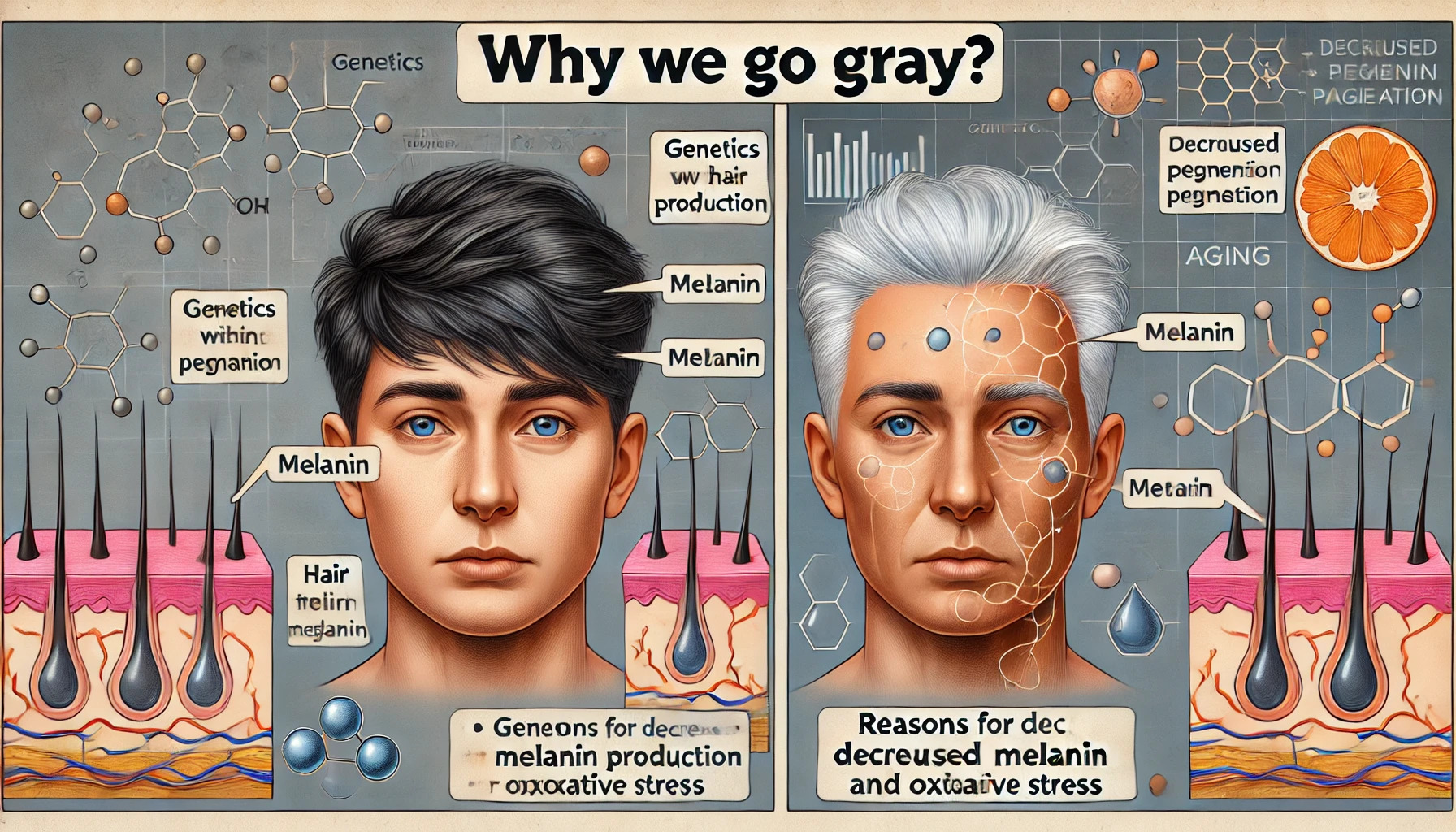 Een afbeelding die uitlegt waarom mensen grijs worden, verdeeld in twee helften. Links een jong persoon met donker haar en een close-up van een haarfollikel dat melanin produceert, met tekstballonnen die melanin en pigmentatie uitleggen. Rechts dezelfde persoon met grijs haar en een close-up van een haarfollikel zonder melanin, met tekstballonnen die redenen voor afgenomen melaninproductie uitleggen, zoals genetica, veroudering en oxidatieve stress. De achtergrond bevat wetenschappelijke diagrammen en moleculen gerelateerd aan haarkleuring.