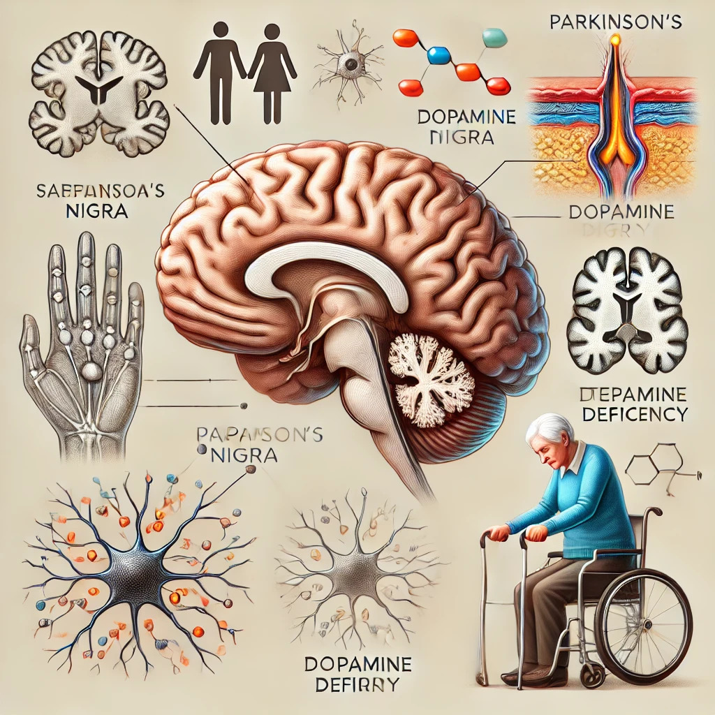 Een gedetailleerde illustratie die de ziekte van Parkinson toont. Het beeld laat een menselijk brein zien met de aangetaste gebieden in de substantia nigra, duidelijk gemarkeerd met een tekort aan dopamine. Er zijn visuals van trillingen in de handen en stijfheid in de spieren. Daarnaast is er een neuron met degenererende synapsen en een oudere persoon met een gebogen houding die een wandelstok gebruikt. De achtergrond is neutraal om de focus op deze elementen te houden, met subtiele medische en wetenschappelijke symbolen die de context van de ziekte overbrengen.