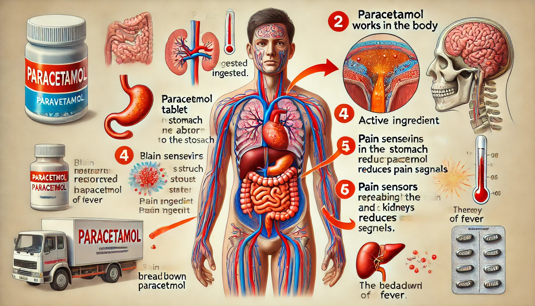 Een illustratie die de werking van paracetamol in het lichaam uitlegt. In het midden staat een menselijk lichaam met de volgende gemarkeerde elementen: 1) Een paracetamol tablet die wordt ingenomen en naar de maag gaat. 2) De tablet lost op in de maag en de werkzame stof (paracetamol) wordt in de darmen opgenomen. 3) Bloedvaten verspreiden de paracetamol door het hele lichaam. 4) Pijnsensoren in de hersenen en het ruggenmerg waar paracetamol pijnsignalen vermindert. 5) Een thermometer geeft de verlaging van koorts aan. 6) De lever breekt paracetamol af en de nieren scheiden het uit. Gebruik pijlen en labels om elke stap duidelijk aan te geven.