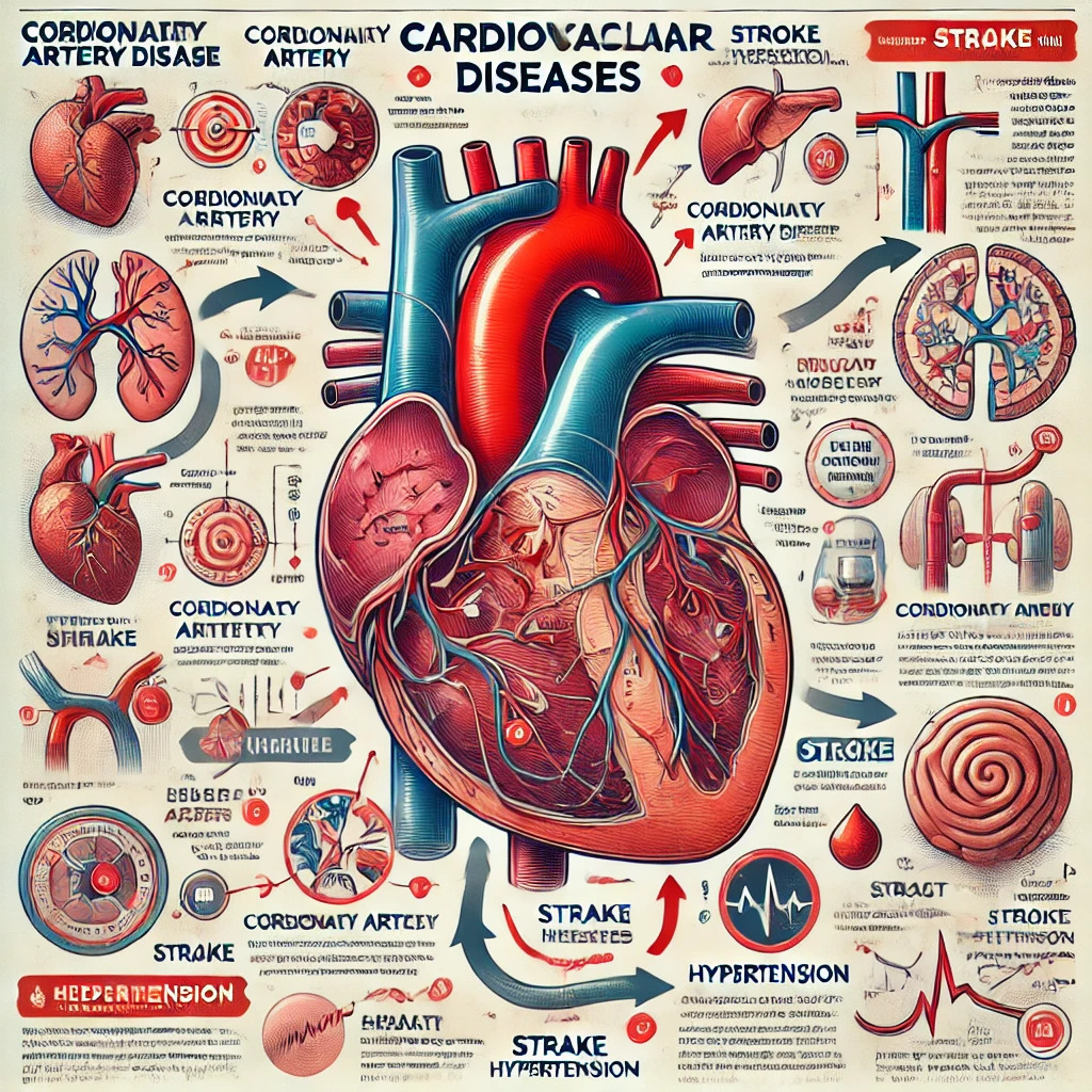 Een informatieve illustratie over hart- en vaatziekten, met een centraal hart waaruit pijlen wijzen naar verschillende organen en bloedvaten. De afbeelding toont de impact van deze ziekten op het lichaam en bevat gelabelde diagrammen en korte tekstbeschrijvingen van veelvoorkomende hart- en vaatziekten zoals coronaire hartziekte, beroerte en hypertensie. De visuals zijn helder en eenvoudig om de informatie gemakkelijk begrijpelijk te maken.